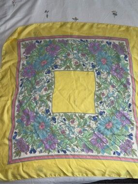Liberty of London yellow-bordered floral silk scarf with purple and teal blooms